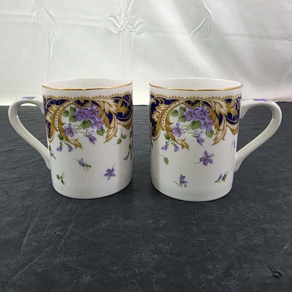 Andrea by Sadek Royal Violets Gold Rim 10 Oz Porcelain Mugs Cups – Set of 2 - Picture 13 of 16